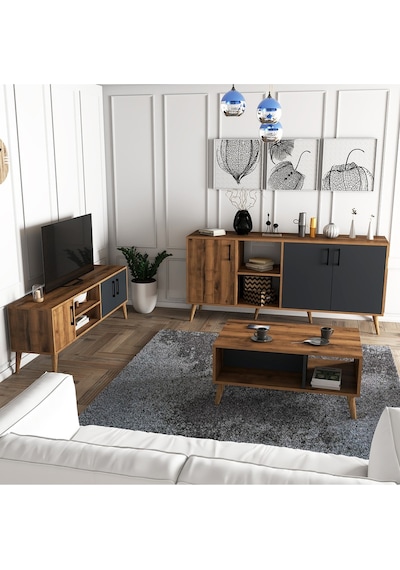 Exxen Ahşap Ayaklı Tv Ünitesi - Orta Sehpa - Konsol Seti Hat - Antrasit Set 1580-2070-1620 Exxen Ahşap Ayaklı Tv Ünitesi - Orta Sehpa - Konsol Seti Hat - Antrasit Set 1580-2070-1620
