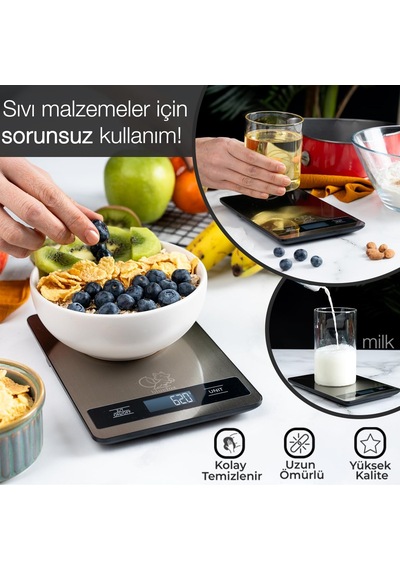 Dijital Mutfak Tartısı, 10kg/1g Hassasiyet, Paslanmaz Çelik, 6 Birim Dönüşümü G/kg/lb/oz/ml/milk Ml , 2 Aaa Pi Diğer