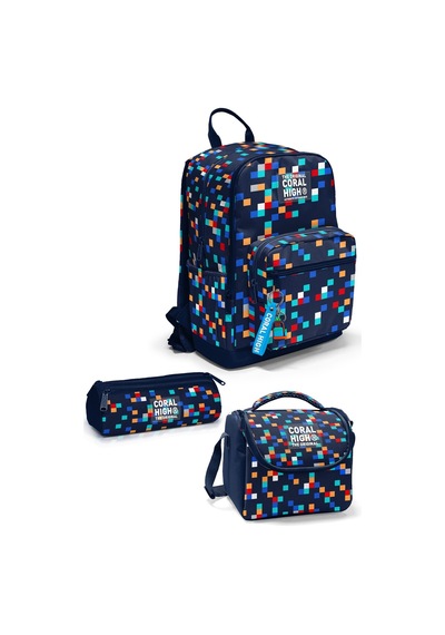 Lacivert Geometrik Desenli 3 Lü Okul Çanta Seti Set0133235 Çok Renkli