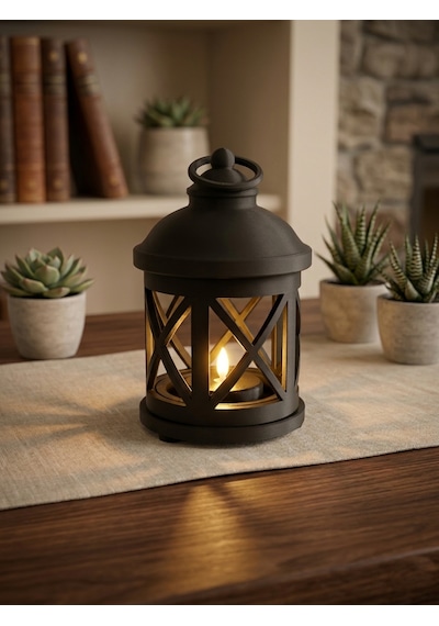 Led Tealight Uyumlu Dekoratif Lantern Lamba Siyah