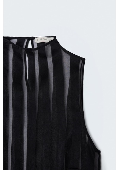 Sateen Çizgili Organze Kolsuz Bluz - Siyah-137672