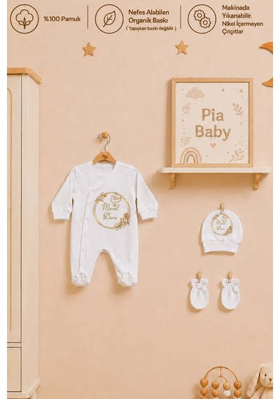 Pia Baby İsme Özel %100 Pamuk Kız Bebek Yastık Battaniyeli Tulum Set Kese Hediyeli 1081tybk0x Krem