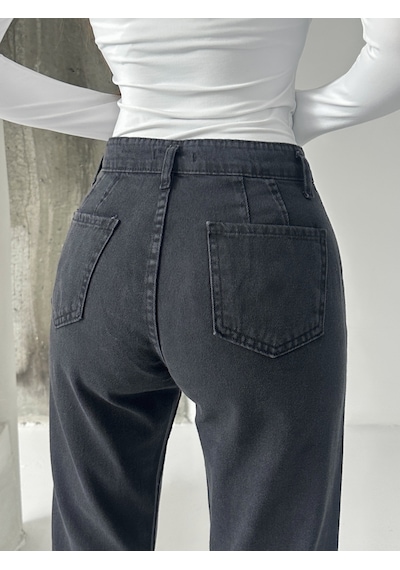 Blue Marlin Pileli Kuşaklı Mom Jeans Siyah
