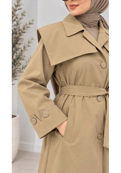 Nevayla Moda Kuşaklı Düğmeli Mevsimlik Trençkot - Camel / M0118