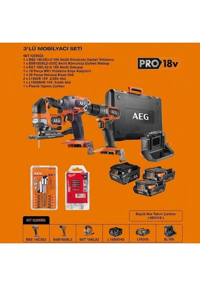 Aeg 18V Darbeli Matkap + Darbeli Vidalama + Dekupaj 3'lü Mobilyacı Montaj Seti-5