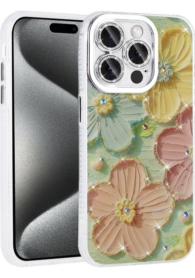 Apple Uyumlu iPhone 15 Pro Kılıf Çiçek Desenli Parlak Taşlı Sert Silikon Garden Kılıf