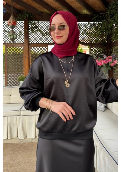 Rabia Şamlı Saten Sweat Siyah Normal