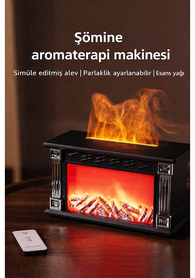 Exenar - Siyah - Şömine Alev Efektli Ultrasonik Hava Nemlendirici Uzaktan Kumanda Aromaterapi Buhar Makinesi 300ml