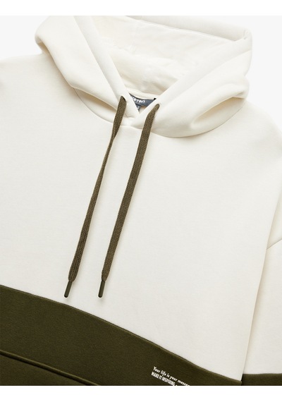 Koton Kapşonlu Renk Bloklu Pamuklu Şardonlu Oversize Kanguru Cepli Sweatshirt Ekru 6wam70033mk Ekru