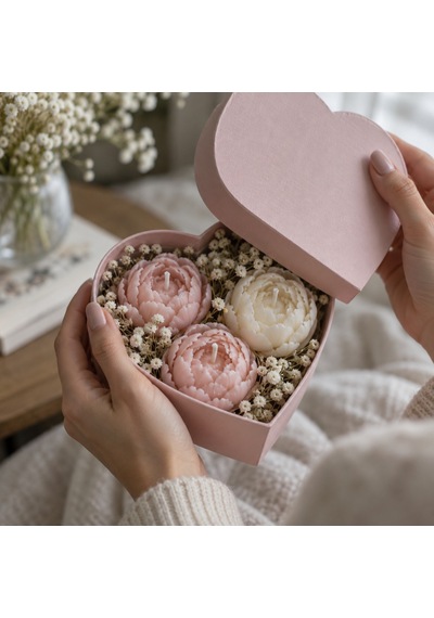 Kalp Kutuda Mini Şakayık Mum Buketi Pembe