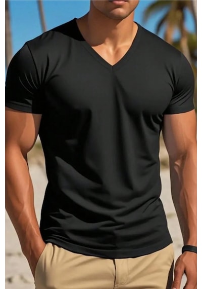 Tarz Cool Erkek Pamuk V Yaka Slim Fit Dar Kesim Tişört Siyah L