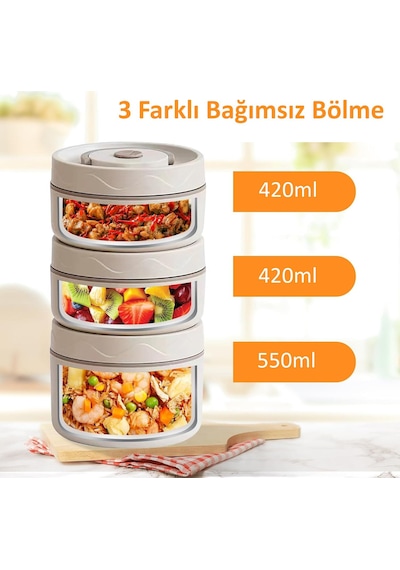 Valkyrie 3 Gözlü Paslanmaz Çelik Isı Yalıtımlı Yemek Kabı Seti Çantalı 304 Steel 2 X 420ml + 550ml Krem