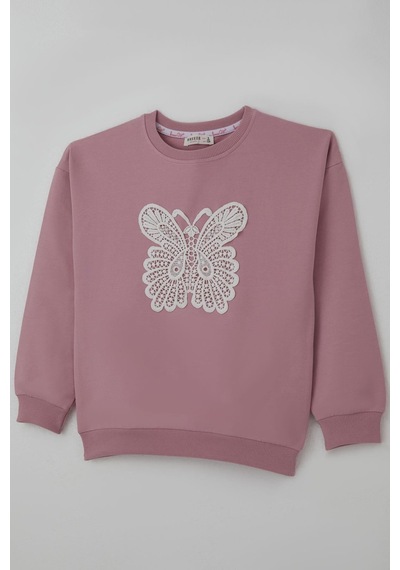 Breeze Kız Çocuk Sweatshirt Kelebek Aplike Nakışlı 8-12 Yaş, Gülkurusu Gül Kurusu