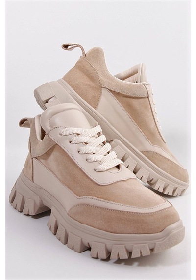 Diora Bej Süet Deri Bağcıklı Kadın Sneakers-Bej