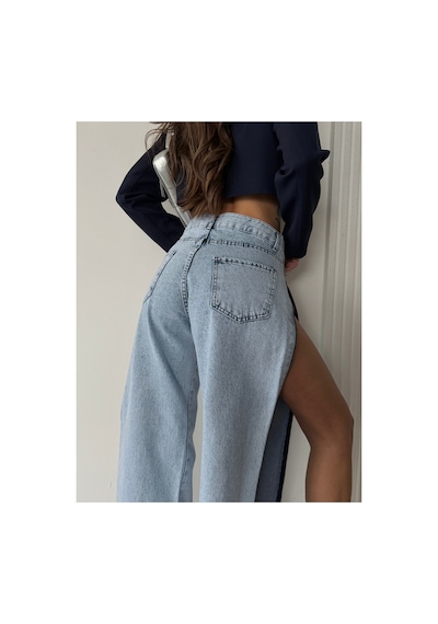 Blue Marlın Yan Fermuarlı Uzun Boyfriend Bol Paça Jeans Buz Kar