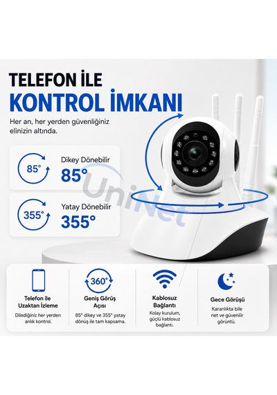 Uninet Wifi Akıllı Ev Kamerası Uzaktan Izleme, Gece Görüşü Ve Sesli Iletişim 355 Derece Döner Özellikli Ptz Kamera