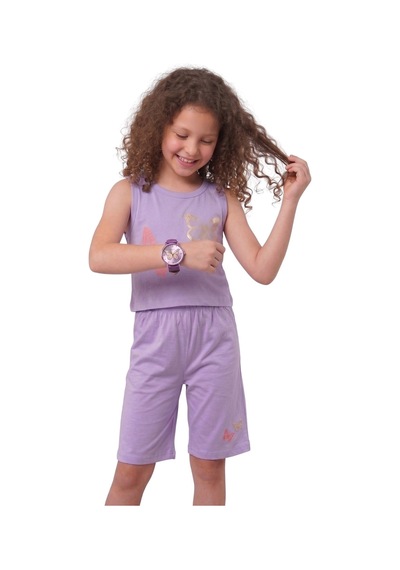 New Kids Kelebek Baskılı Şortta Kelebek Lla Yaldız Detaylı. Kız Çocuk Takım-91184 Lila