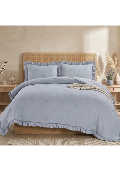 Love Nakışlı Elyaf Dolgulu Yatak Örtüsü Çift Kişilik 240x260 Gri
