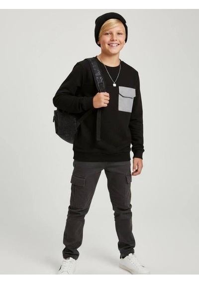 Zekids Erkek Çocuk Cep Detaylı Pamuklu İnce Sweatshirt-16650 Siyah