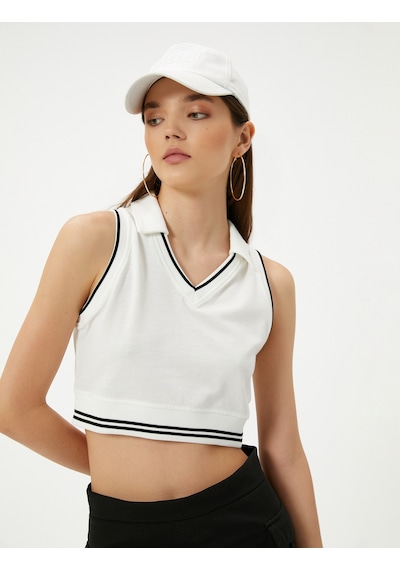 Koton Polo Yaka Crop Üst Kolsuz Çizgili Pamuklu Ekru 4sal30134ık Ekru