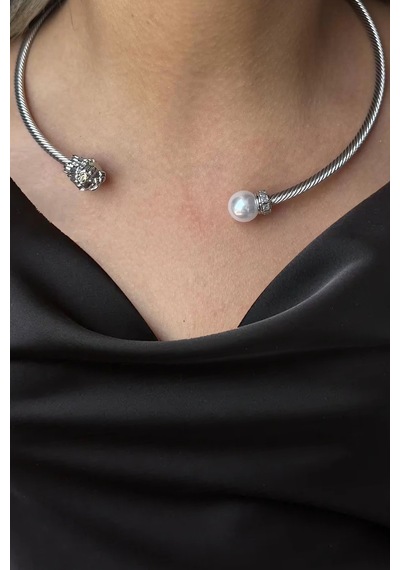 Caş Dekorasyon Gümüş Renk Aslanlı İncili Metal Choker Kolye Gümüş
