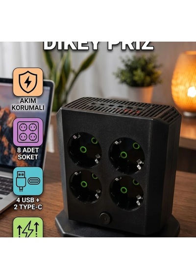 8'li Dikey Çoklu Priz 4 Usb 2 Type-c Akım Korumalı Hızlı Şarj Diğer