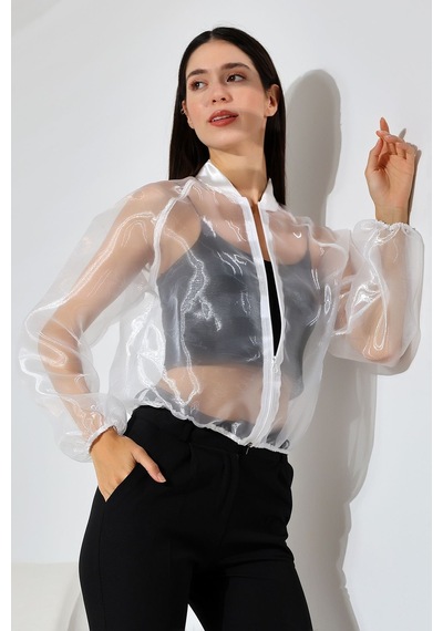 Mois Atelier Organze Şifon Tül Bomber Beyaz Ceket Gömlek Tasarım Hediye Büyük Beden Tesettür Beyaz