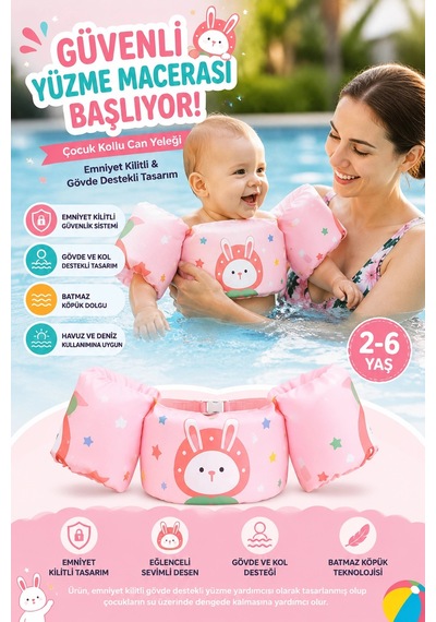 Bebek Kolluk Can Simidi Seti Tavşan Temalı - Güvenli Göğüs Destekli Batmaz Yüzme Yardımcısı Fl001