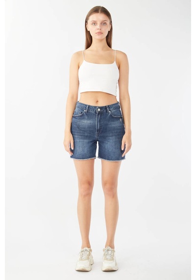 Banny Jeans Kadın Paçası Kesik Jean Şort Koyu Mavi