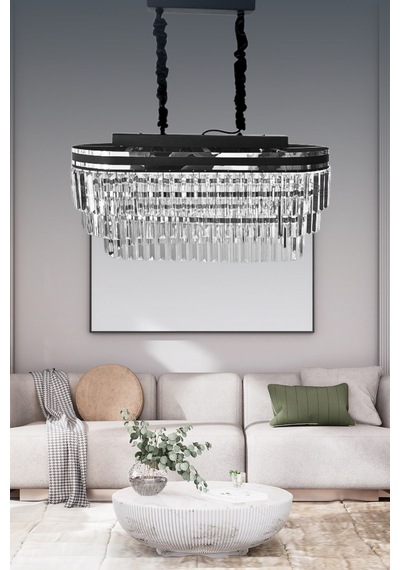 Kristalim Gümüş Detaylı 70x30 Cm'lik Kristal Taşlı Lüks Avize - Yatak Odası - Salon - Mutfak Gümüş
