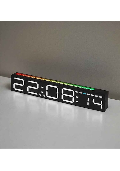 Techtic Geniş Ekran Dijital Masa Saati Ses Ritim Sensörlü Rgb Işık Tarih & Alarm Özellikli Modern Led Saat Siyah