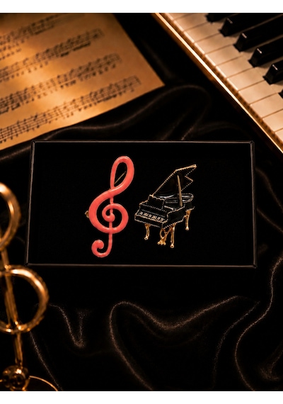 Müzik Temalı Broş Seti Sol Anahtarı & Nota Tasarımlı Şık Hediye Kutusu 3 Renkli