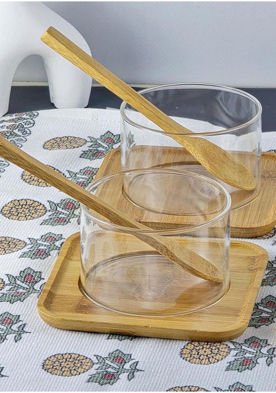Borosilikat Cam Sufle Seti - Bambu Tabaklı 4lü Kase Takımı - 12 Parça - 250 Ml Diğer