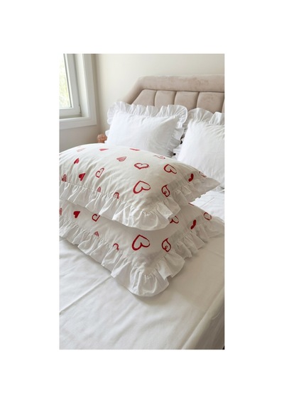 %100 Pamuklu Kalp Desenli Fırfırlı Yastık Kılıfı 2 Adet 50x70 Cm Bej - 863747383 Bej