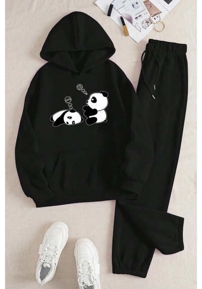 Uyguntarz Unisex Uykucu Panda Baskılı Rahat Eşofman Takımı Siyah