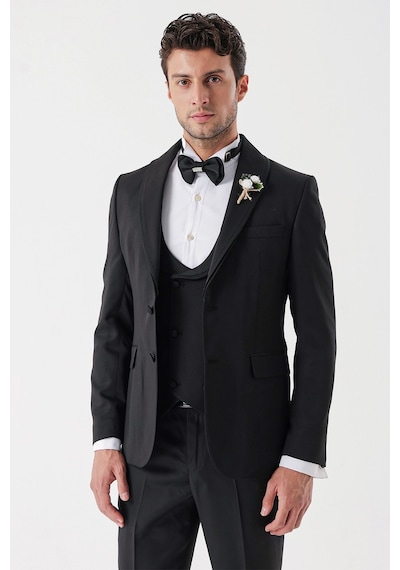 İmza Siyah Desenli Armürlü Çıkarılabilir Şal Yaka Kruvaze 6 Drop Slim Fit Smokin Damatlık Takım 1001230214-Siyah