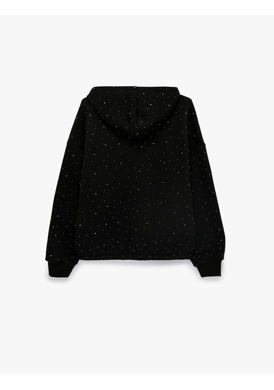 Koton Üç İplik Şardonlu Uzun Kollu Fermuarlı Kapüşonlu Taş Detaylı Sweatshirt Siyah 7wal10257ık