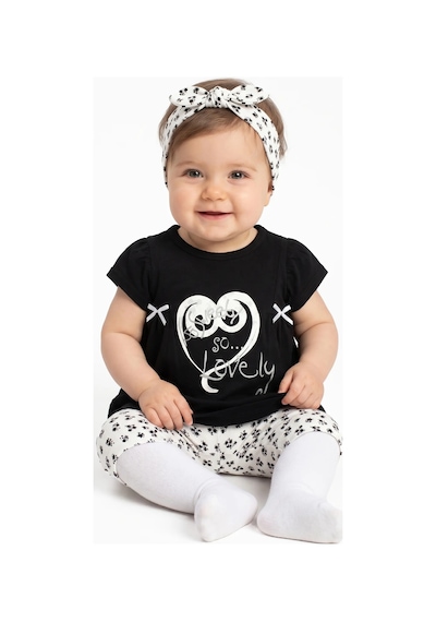 Bebegen Kız Bebek Siyah Beyaz Lovely Yazılı Çicekli Desenli Taytlı Bandanalı 2'li Takım