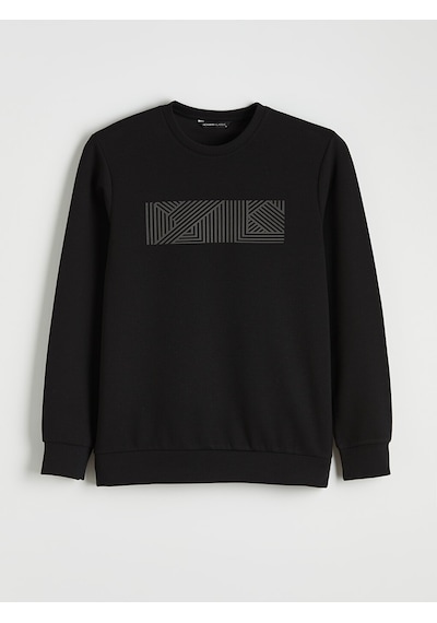 Lcwaıkıkı Classic Siyah Bisiklet Yaka Baskılı Erkek Sweatshirt