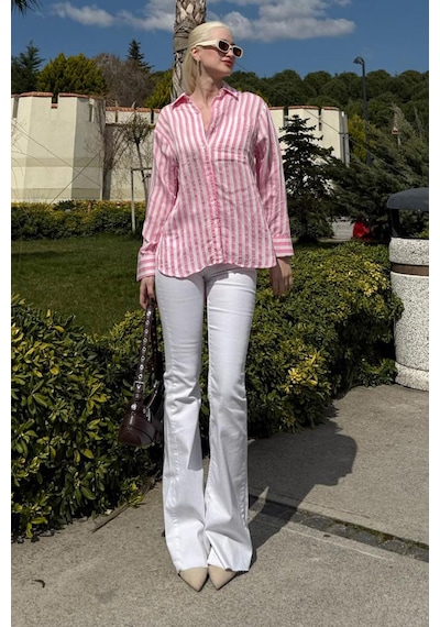 Madmext Pembe Cep Detaylı Çizgili Kadın Gömlek Mg2295 Pembe