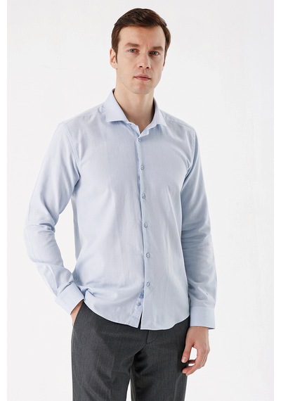 MORVEN  Erkek Mavi Coton Mini Oxford Slim Gömlek Mavi