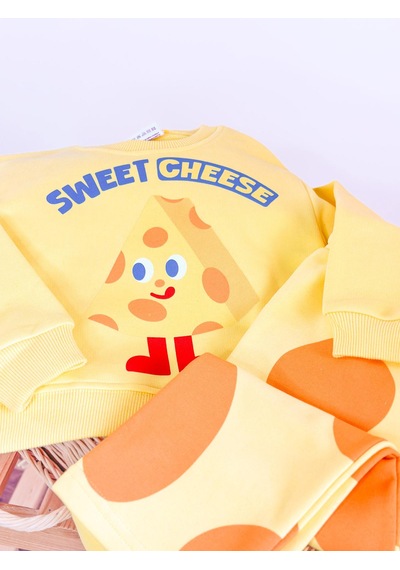 Elzo Collection Unisex Sweet Chesee Baskılı Sweatshirt Baskılı Eşofman Alt Üst Takım Sarı
