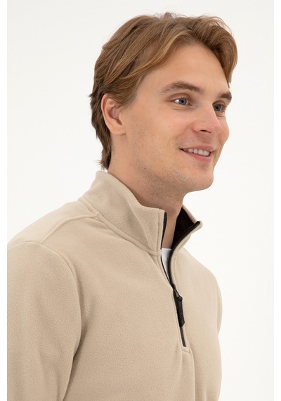U.S. Polo Assn. Erkek Regular Fit Koyu Bej Polar Yarım Fermuarlı Basic Sweatshirt 50313777-VR088
