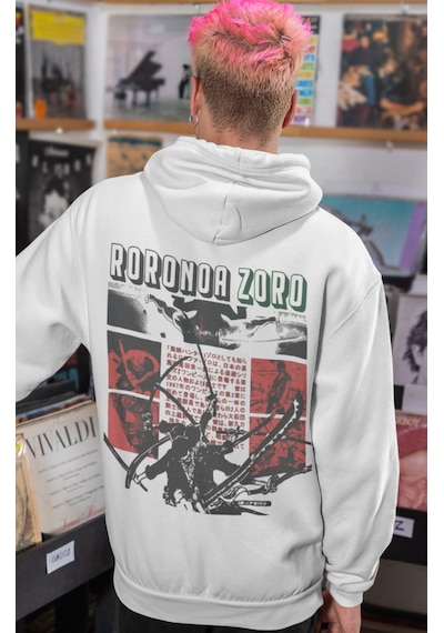 Sevbano Roronoa Zoro One Piece Anime Sırt Baskılı Unisex Oversize Penye H beyaz