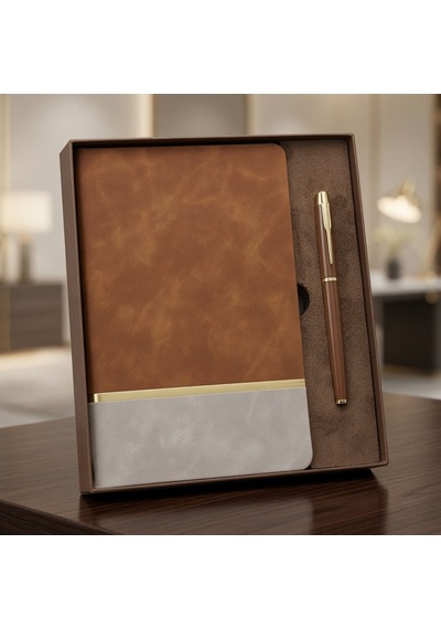 Kutulu Altın Şeritli Deri Defter Ve Kahverengi Metal Roller Kalem Set Arbltgs3kadzps9ıb4u
