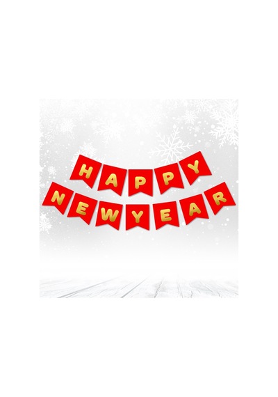 Happy New Year Banner, Altın Baskılı Kırmızı - 2.00 Mt