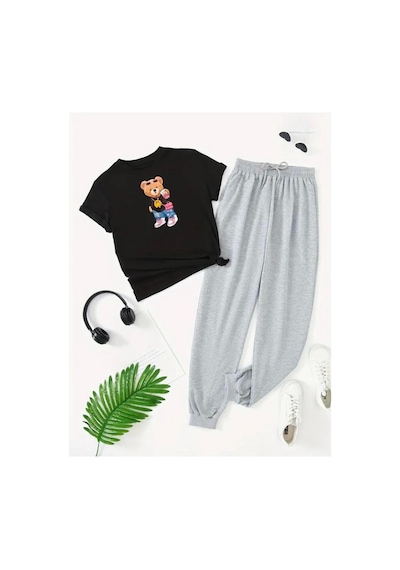 Medinenur Süslü Peluş Ayıcık Baskılı T-shirt Eşofman Altı Jogger Rahat Kalıp Siyah Eşofman Takım Siyah