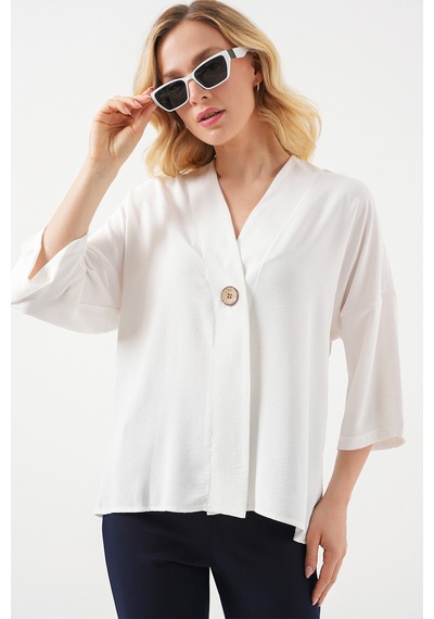 Bigdart Kadın Kısa Kol Oversize Kimono 5969 - Beyaz