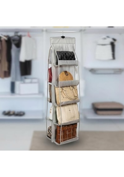 Ayrex Orret Home 10 Bölmeli Askılı Çanta Organizeri 37x125 Cm Gri Renk, Dolap İçi Asılabilir Çanta Düzenley Altın