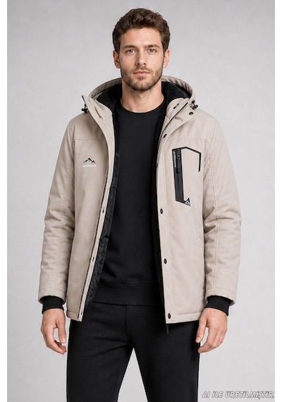 Freemen Erkek Kapüşonlu İçi Kürklü Su Ve Rüzgar Geçirmez Outdoor Softshell Mont-414 Taş